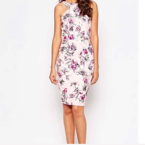 🌸PAPER DOLL🌸NWT FLORAL PENCIL HALTER NECK DRESS - Picture 2 of 9